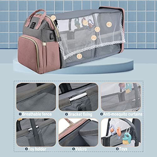 Multifunctional baby travel bag with breathable fence, bracket fixing, anti-mosquito curtains, toy holder, velcro, and toys.