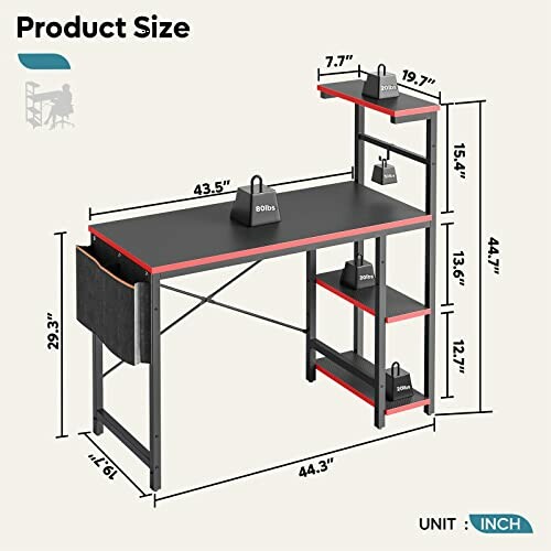 Black desk with shelves, showing dimensions in inches.