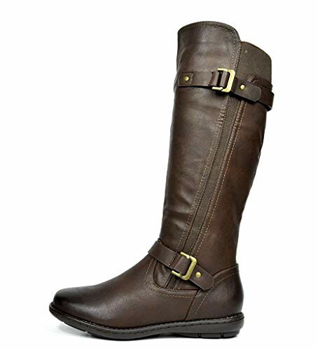 Brown leather knee-high boot with buckle straps