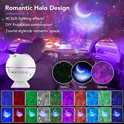 Car interior with a romantic halo design using a light projector displaying stars, moon, and nebula effects.