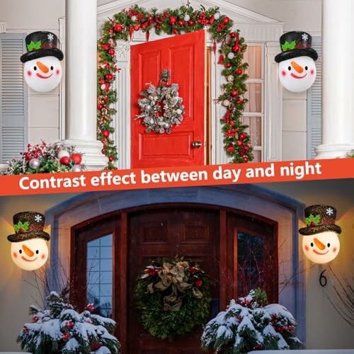 Day and night contrast of Christmas decorations with wreaths and snowman lights.