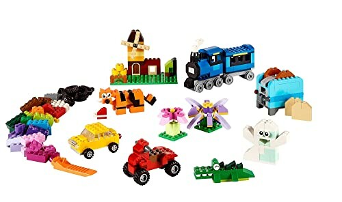 Various colorful LEGO creations including vehicles, animals, and buildings