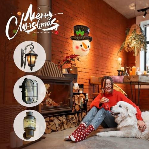 Woman with dog in festive living room with Christmas decorations and lanterns.