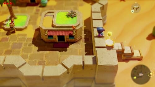 Video game scene of a desert town with a character on a stone path.