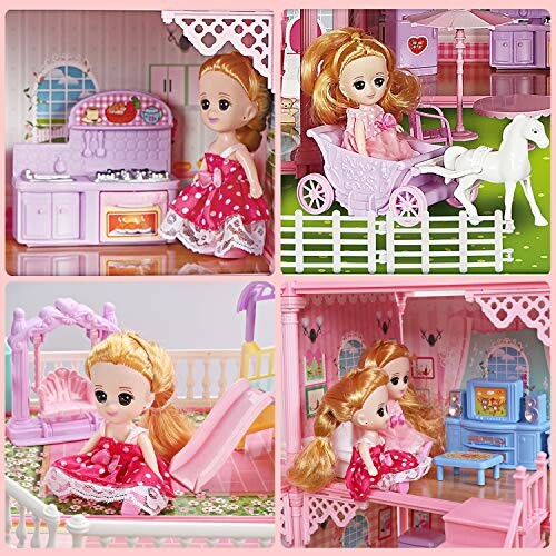 Dolls in various rooms of a colorful dollhouse playset.