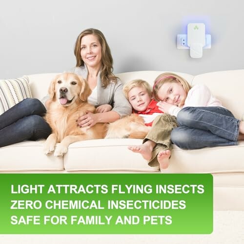 Family with dog and children on couch near insect repellent