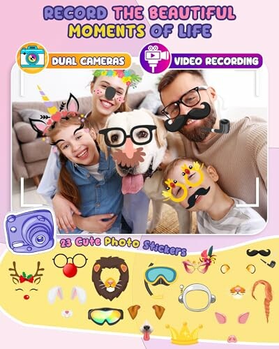 Family using fun photo stickers with dog.