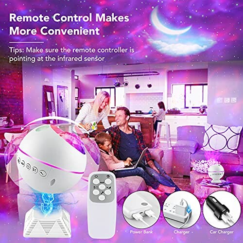 Family using a galaxy projector with remote control in a living room.