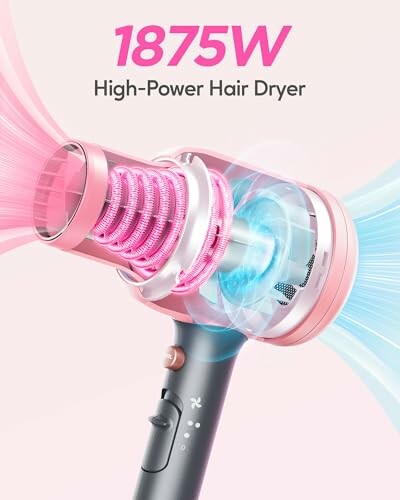 Illustration of a 1875W high-power hair dryer in pink and black.