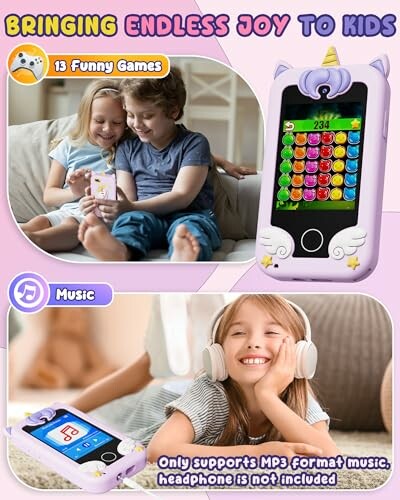 Children enjoying unicorn-themed toy phone with games and music.