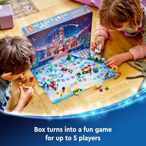 Children playing a board game with a LEGO winter-themed set.