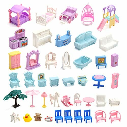 Assorted miniature dollhouse furniture and accessories set, including beds, chairs, tables, and more.