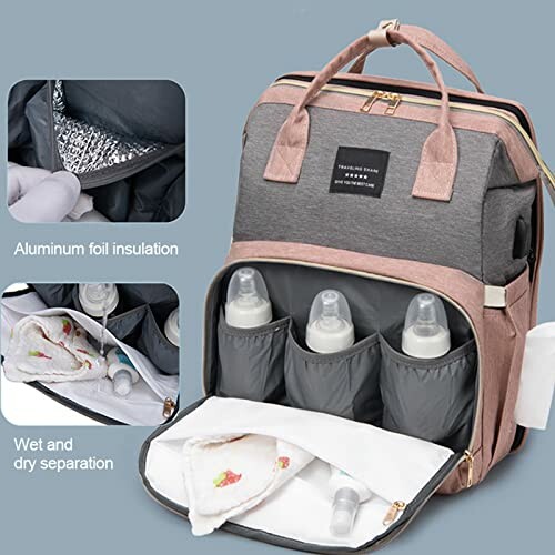 Multi-functional diaper bag with aluminum foil insulation and wet-dry separation.