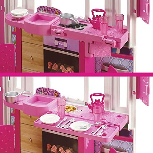 Pink toy kitchen set with sink, stove, and accessories.