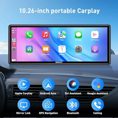 10.26-inch portable Carplay screen with app icons.