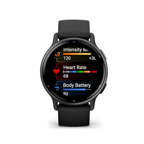 Smartwatch displaying health metrics like intensity minutes, heart rate, and body battery.