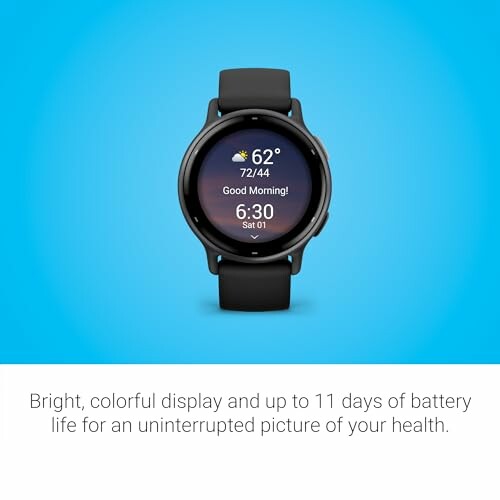 Smartwatch showing weather and time on blue background.