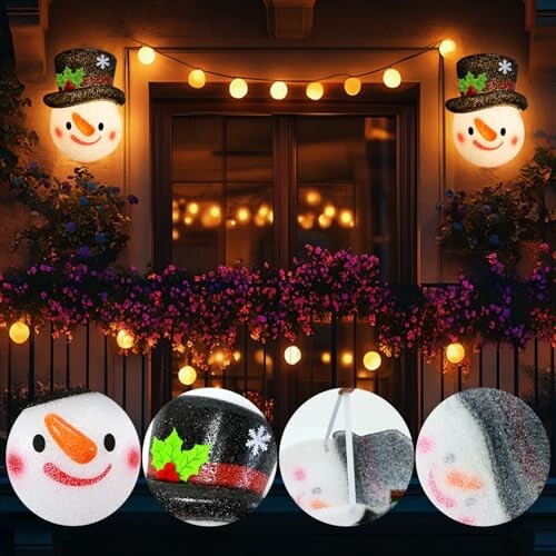 Festive snowman face lights with top hat and holiday decorations.