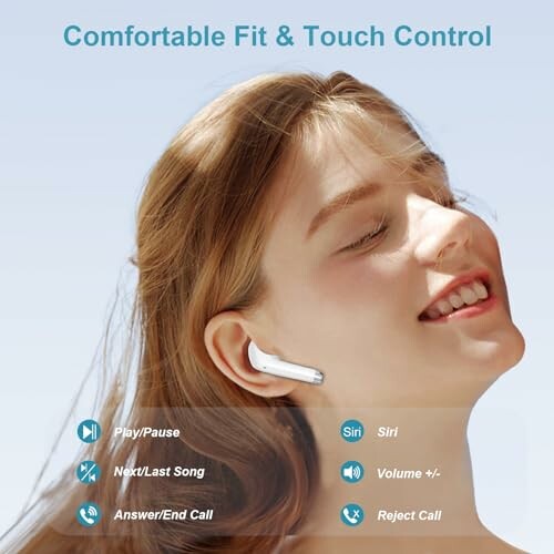 Woman wearing wireless earbuds with touch control features displayed.