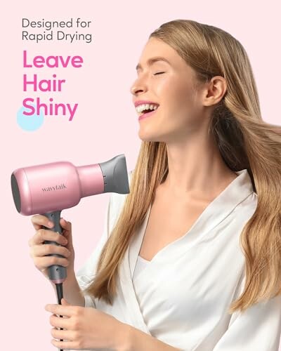 Woman using a pink hair dryer with text about rapid drying.